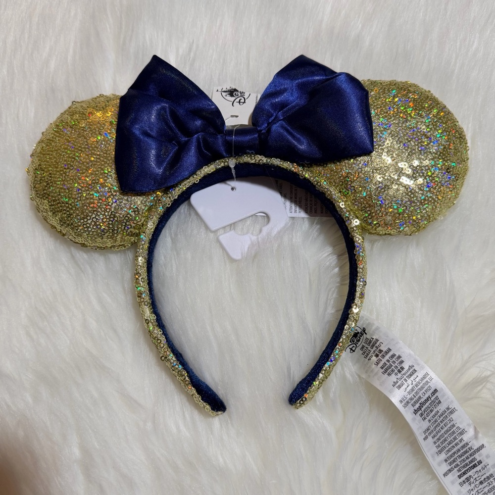 Disney WDW 50th Anniversary Gold Sequin Blue Bow Ears Headband NWT